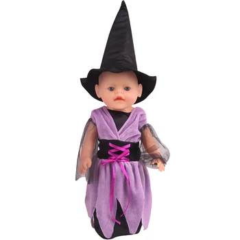 

43 cm baby dolls Dress newborn New Halloween purple witch outfit + hat Baby toys skirt fit American 18 inch Girls doll f810