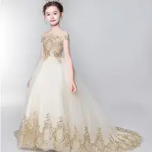 Золотое Тюлевое детское вечернее платье с блестками, кружевное бальное платье с длинным шлейфом, платье с цветочным узором для девочек на свадьбу, платья для первого причастия