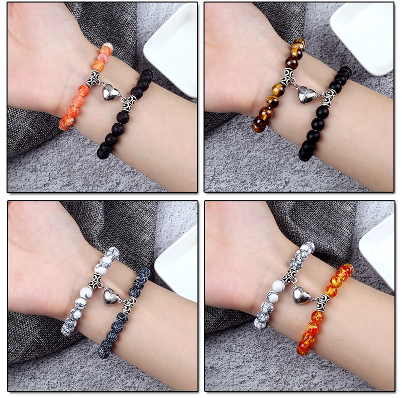 Hot Sale 2Pcs/Set Beads Bracelet For Lovers Natural Stone Distance Heart Magnet Couple Bracelets Friendship Fashion Jewelry Gift