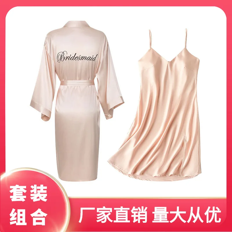 

Women Spring and Autumn Satin Silk Sexy Sling Sleeping Suit Silk Home Clothes Summer Bridesmaid Gift Sleep Wear Bath Robe