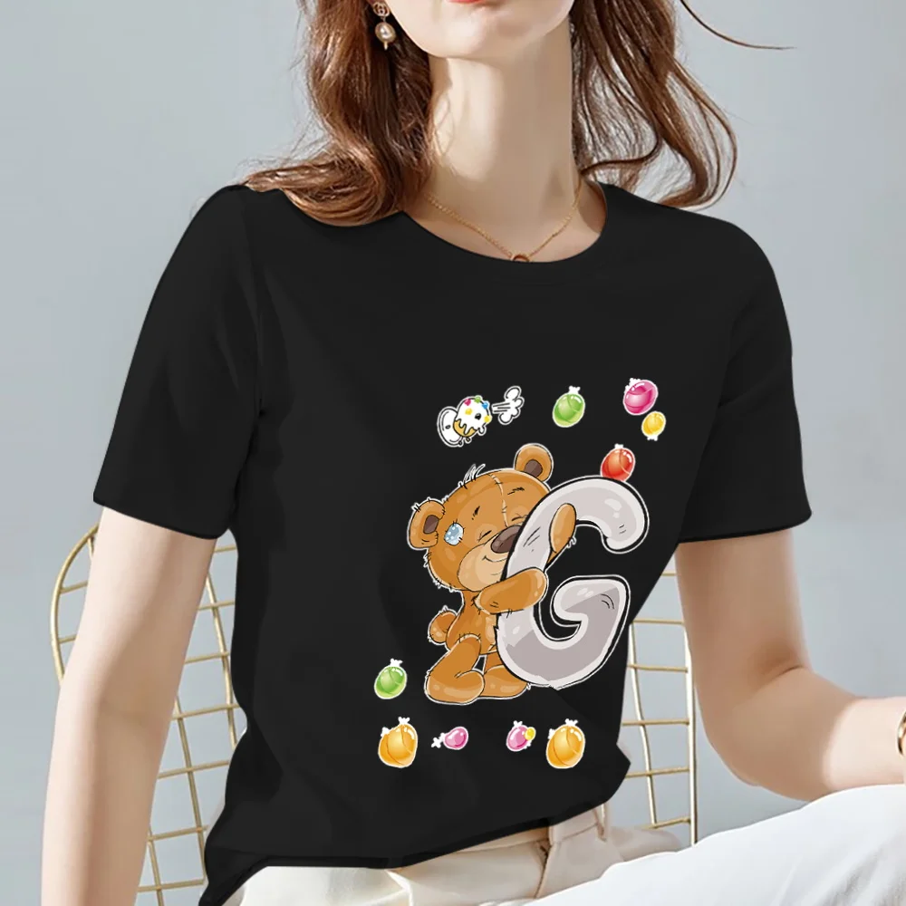 

T-shirt Women Clothing Black Casual Jacket Bear G Initial Name Printing O-neck Commuter Slim Ladies Soft XXS－XXXL Short Sleeves