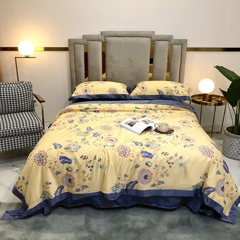 

2020 Yellow flower Summer comforter soft patchwork quilt blue bed linen blanket or full queen size thin comforter set 1-4pcs