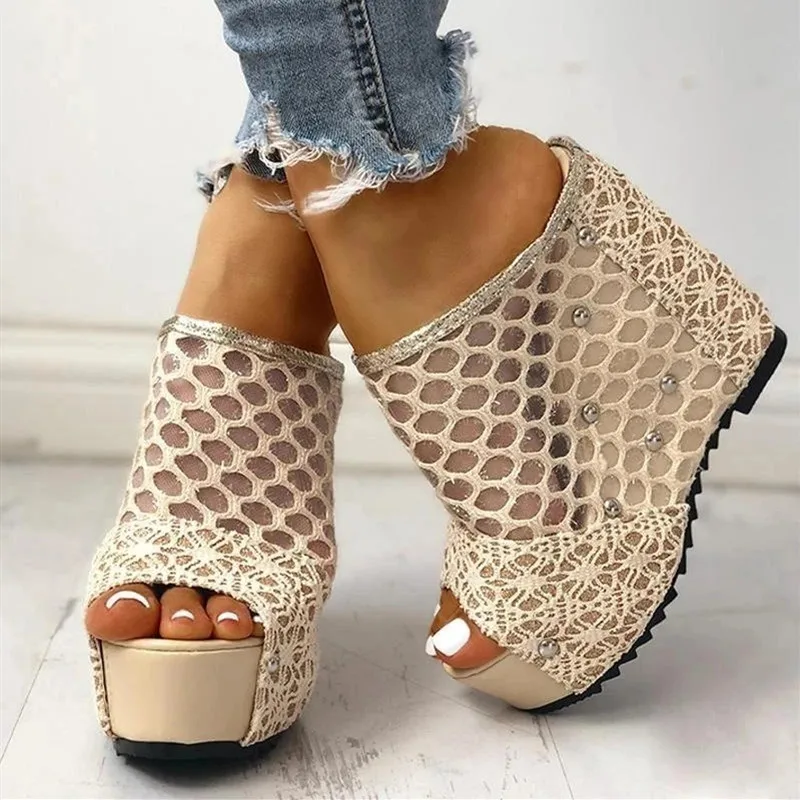 Women High Heels Platform Sandals Summer Mesh Slip On Peep Toe Rubber Sole