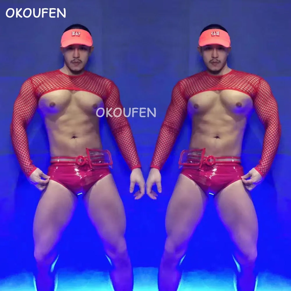 

Christmas and New Year Red Theme Net Yarn Party Performance Clothing Nightclub Bar Ds men sexy dj performance clothing