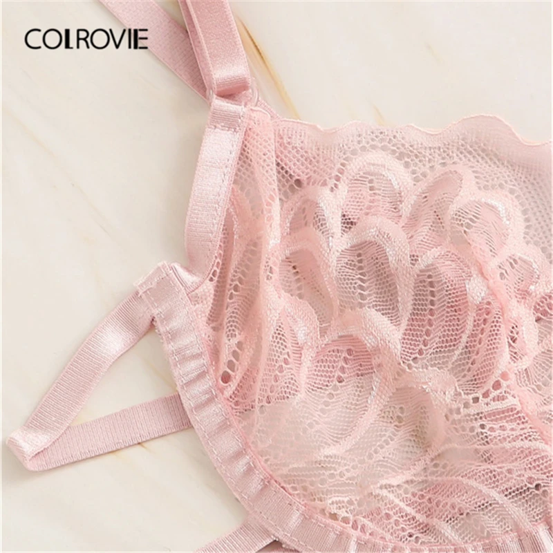COLROVIE розовый цветочный кружевной подвязка комплект нижнего белья с чокером Женский нижнее белье на косточках прозрачный бюстгальтер и стринги женские сексуальные наборы