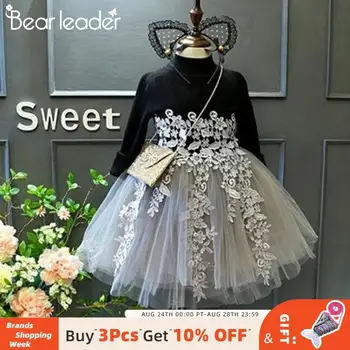 

Bear Leader Girls Dress 2020 Children Floral Dresses Girl Clothes Lace Solid Party Dress Knit Sweater Kid Princess Dress 3-7Y