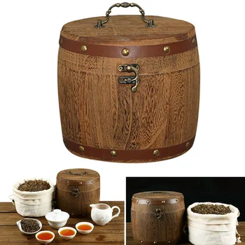 

Newly Mini Wooden Barrel Canister Storage Box For Tea Leaf Flour Coffee Bean