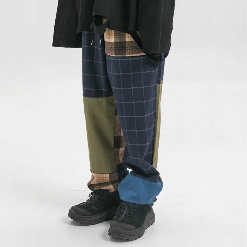 

Multi-fabric Patchwork Plaid Sweatpants Harajuku Color Block Thin Jogger Pants