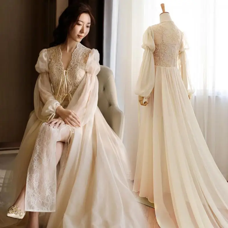 رداء نوم نسائي دانتيل كم طويل