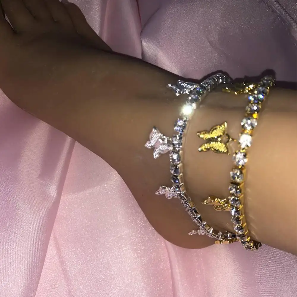 Tobilleras de mariposa cubana dorada mujer, pulsera de tobillo de cristal con diamantes de imitación, tobilleras femeninas de playa joyería para el pie 2020 - AliExpress Joyería y accesorios