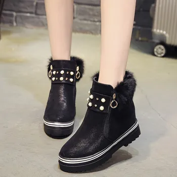 

Nice Pop Pop Cute Fur Women Ankle Boots Comfortable Spring Autumn High Quality Shoes Woman Flat High Heels Plain Pearl Boot