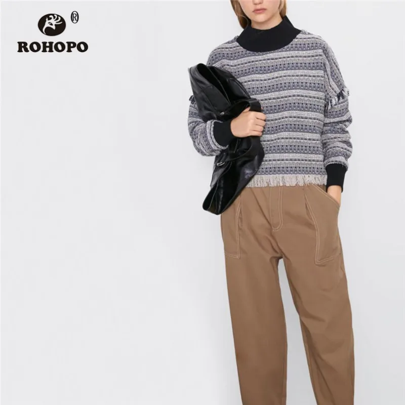 

ROHOPO Semi Turtle-neck Long Sleeve Tassel Hem Blend Coat Cross Striped Tweed Autumn Chic Pullover Vintage Outwear #9801