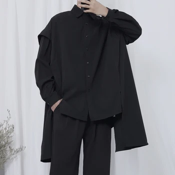 

Men's New Shirt European and American Trendy Men's Asymmetric Loose Men's Long Sleeve black Shirt singer costumes