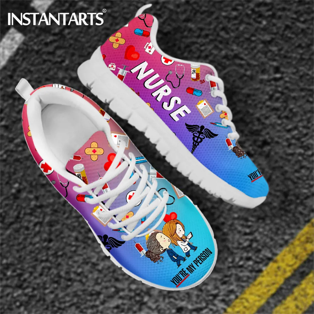 

INSTANTARTS Brand Design Nursing Shoes Gradient Cartoon Nurse Doctor Print Women Flat Sneakers You're My Person Lace Up Footwear