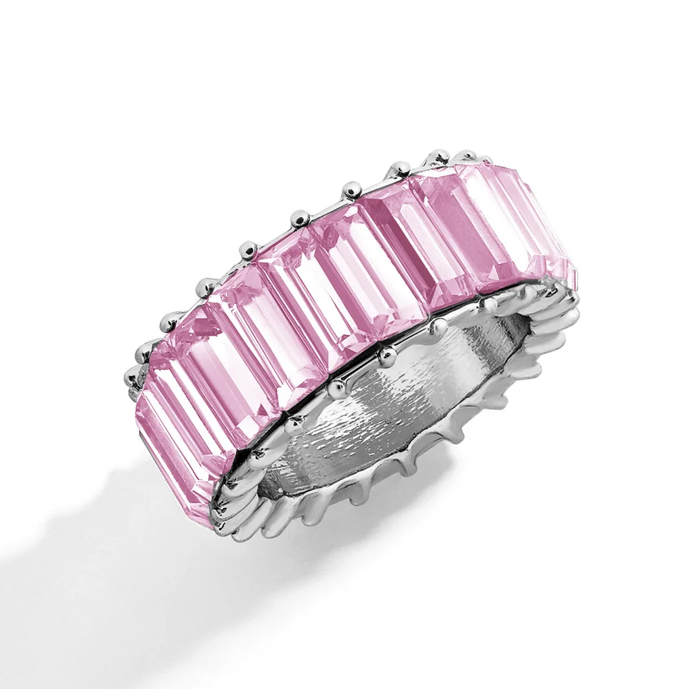 KMVEXO 15 цветов изящное Радужное кольцо разноцветный кристалл вечность квадратный багет серебряное кольцо на палец женские свадебные украшения - Цвет основного камня: Pink