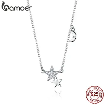 

bamoer GXN404 Stars and Moon Link Chain Necklace for Women 925 Sterling Silver 45cm Wedding Fashion Jewelry Collar New Design