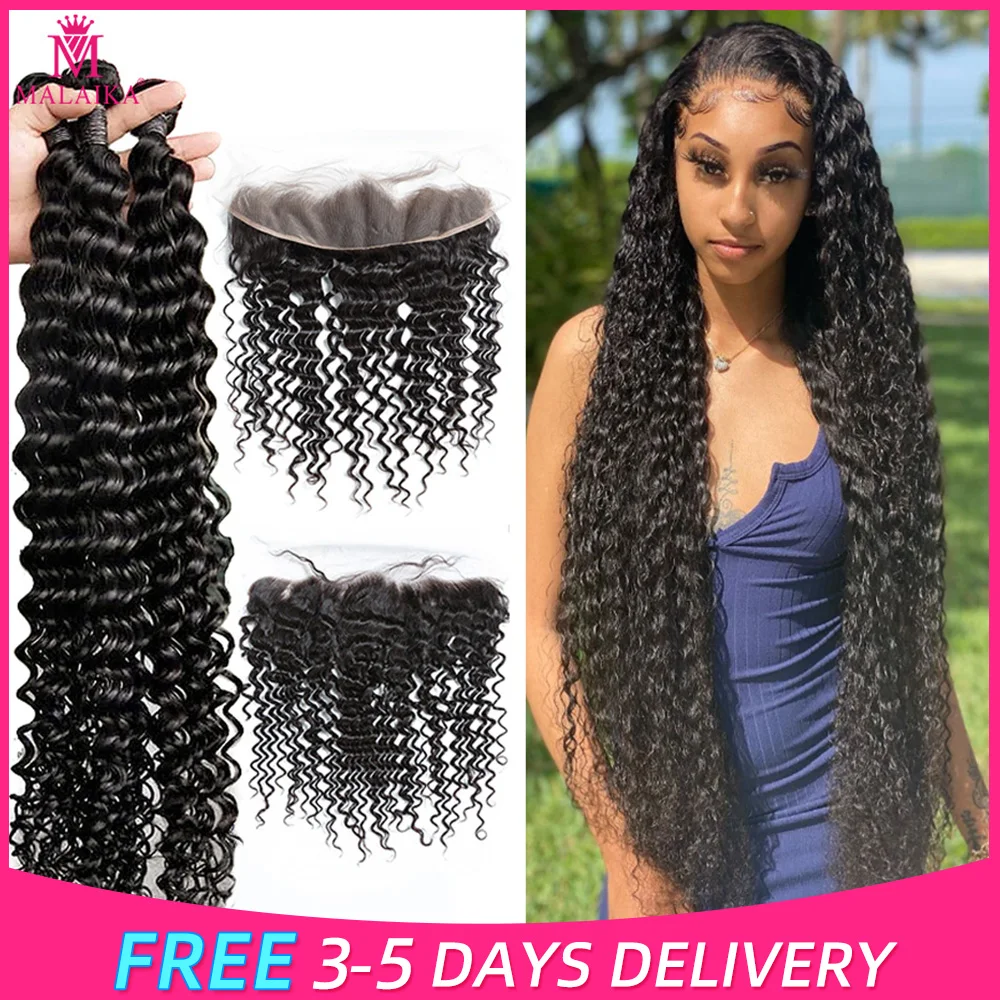 Парипряди MalaikaHair 30 32 34 36 38 40 дюймов глубокие кудрявые с фронтальным бразильским