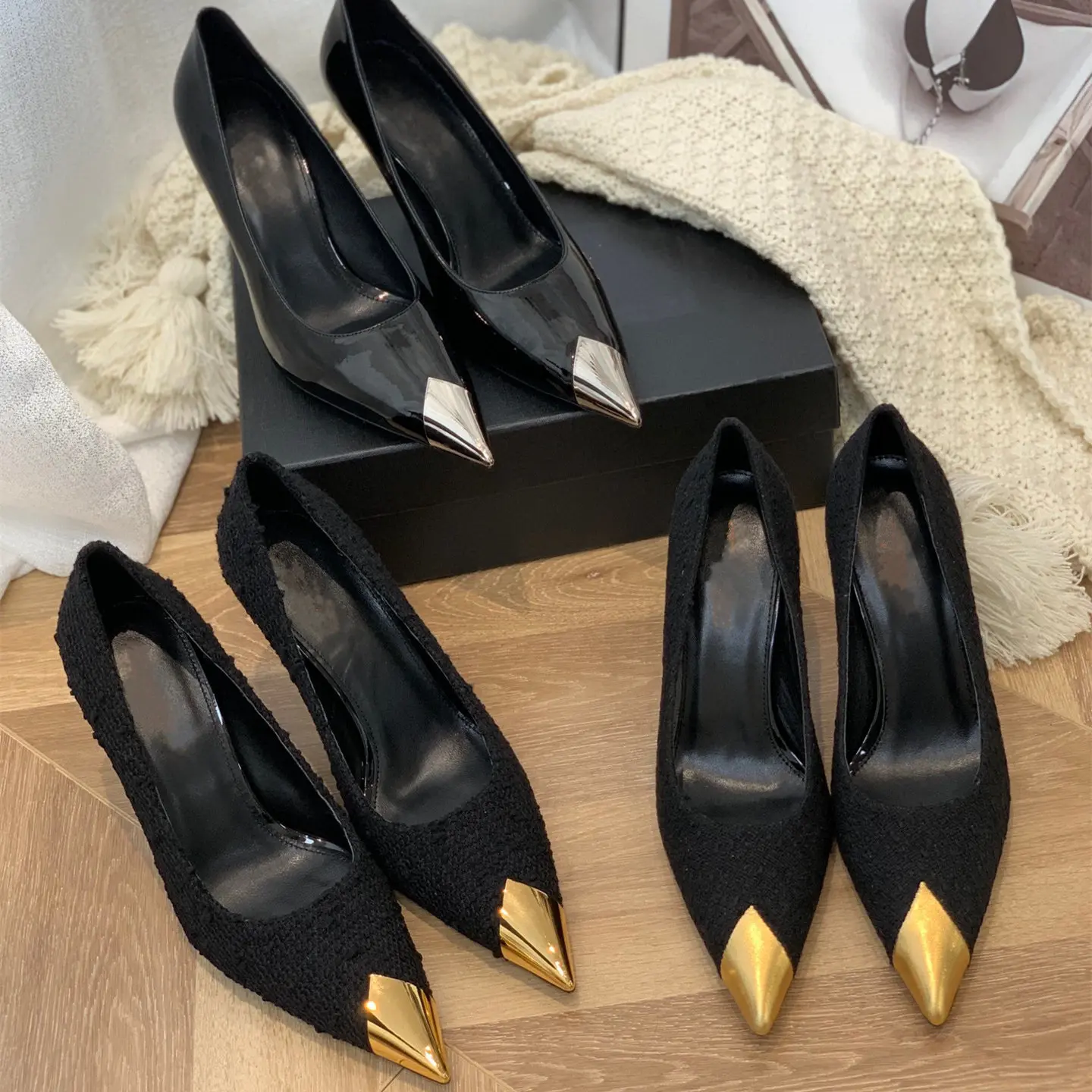 

Casual Designer Women Shoes Black Genuine Leather Pointy Toe Metal Toe Stiletto Stripper High Heels Zapatos Mujer Prom Evening