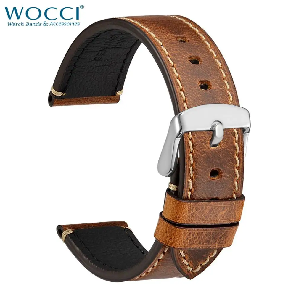 

WOCCI Leather Watch Strap Watchband 18mm 20mm 22mm 24mm Businesss Men Retro Brown Black Watches Bands Metal Buckle Install Tool