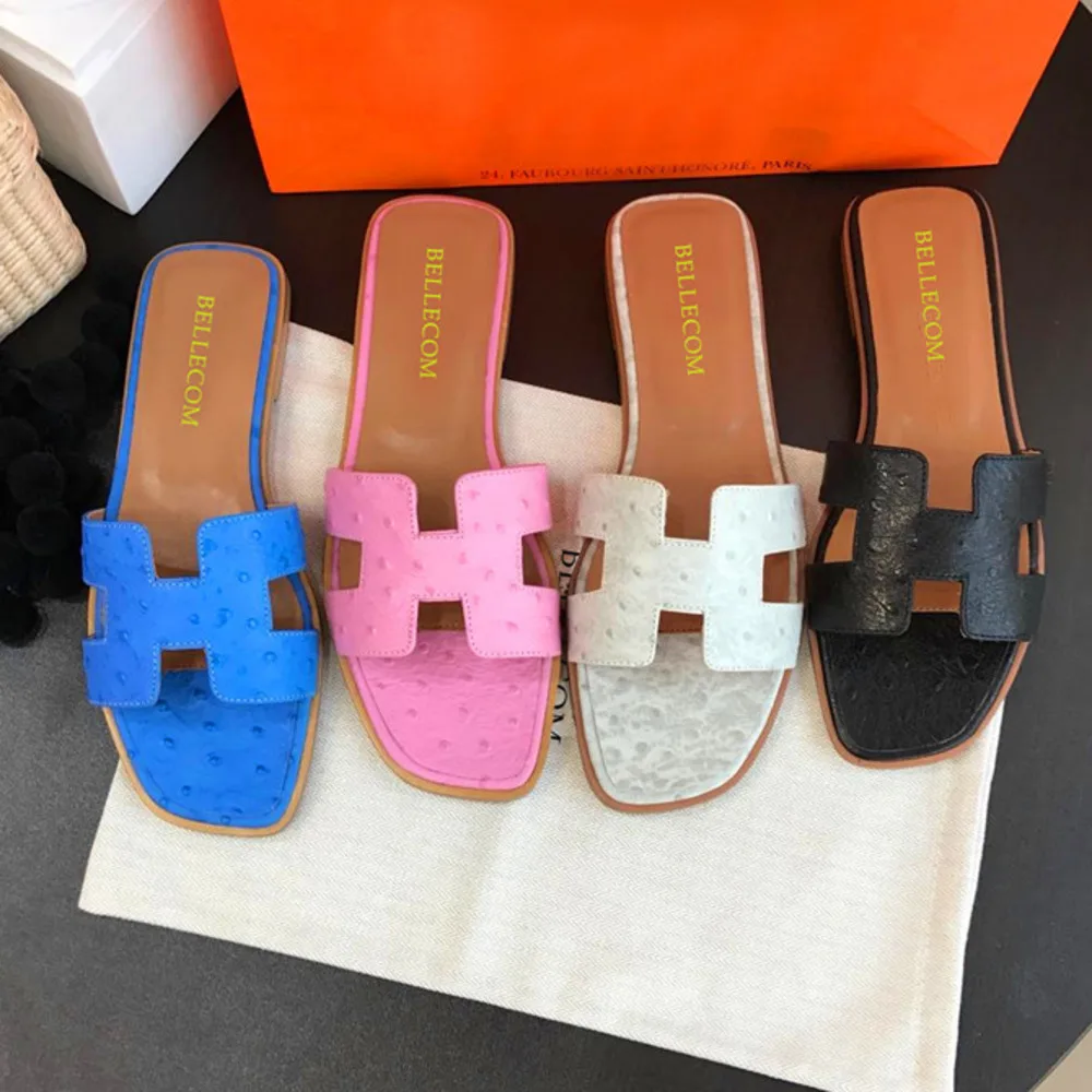 

BELLECOM Summer outside wearing flat female cool sandals patent leather shiny smooth surface black leather sole Caveat emptor