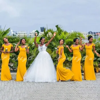 

2020 Gold Yellow Mermaid Bridesmaid Dresses Long Off Shoulder Nigerian Women Wedding Party Dress Vestido De Fiesta De Boda
