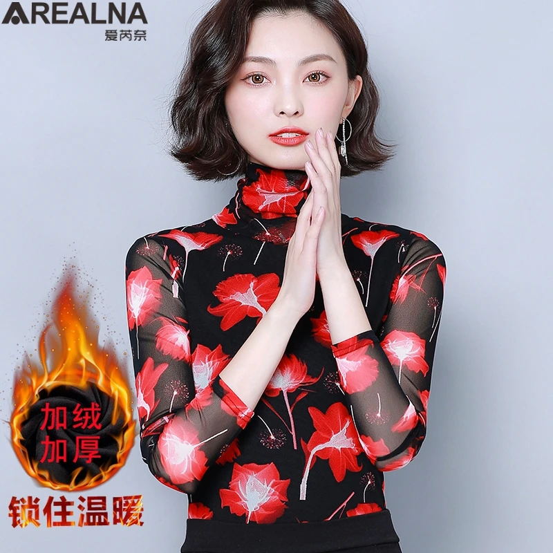 

Autumn Turtleneck Long Sleeve Slim t shirt women winter velvet warm Plus Size Casual mesh Top vintage print tee shirt femme 4XL