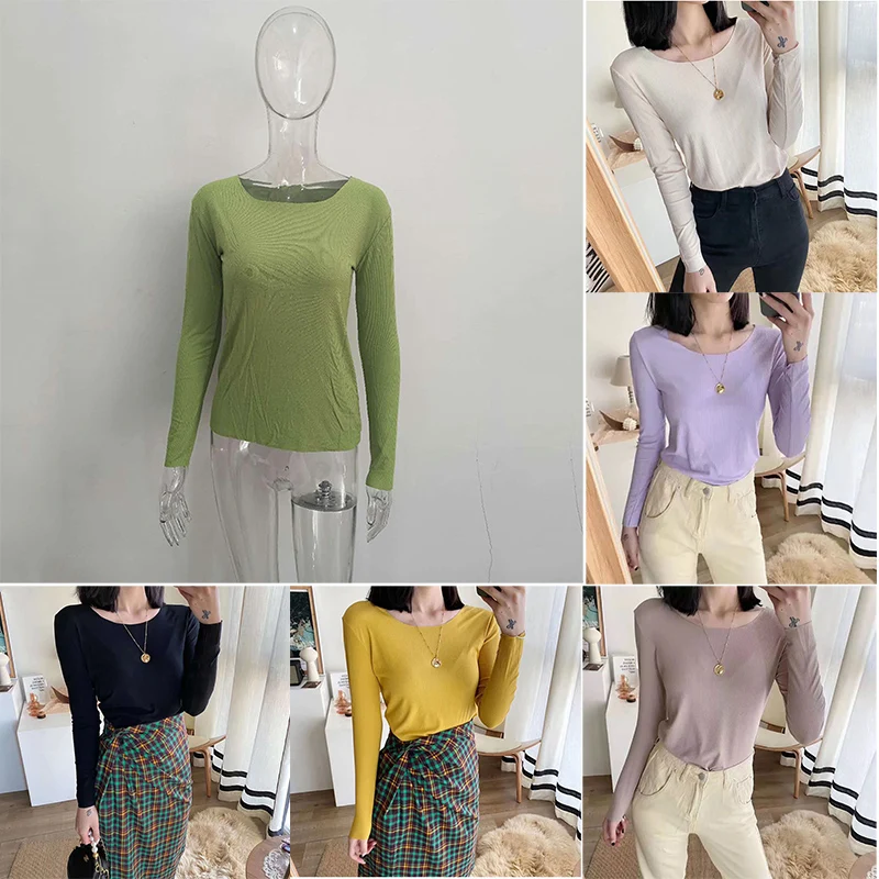 

2020 Autumn High Quality 6 Color One Size Plain T Shirt Women Cotton Elastic Basic Tshirt Woman Casual Tops Long Sleeve T-shirt