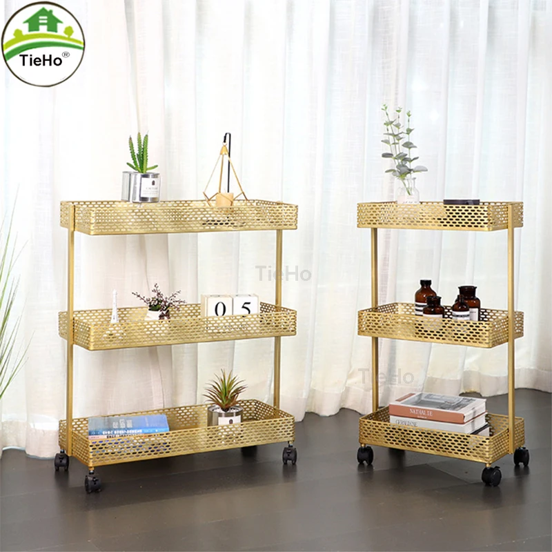

Golden iron 3 layers storage cart with wheels rack storage basket shelf household kitchen bathroom bedroom living room