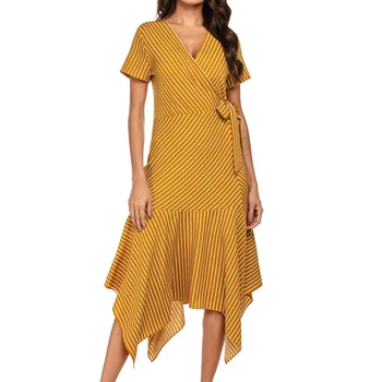 

Orange White Striped Dress Women Irregular V-neck Short Sleeve Vintage Female Belt Office Lady Summer 2020 Midi Sundress vestido