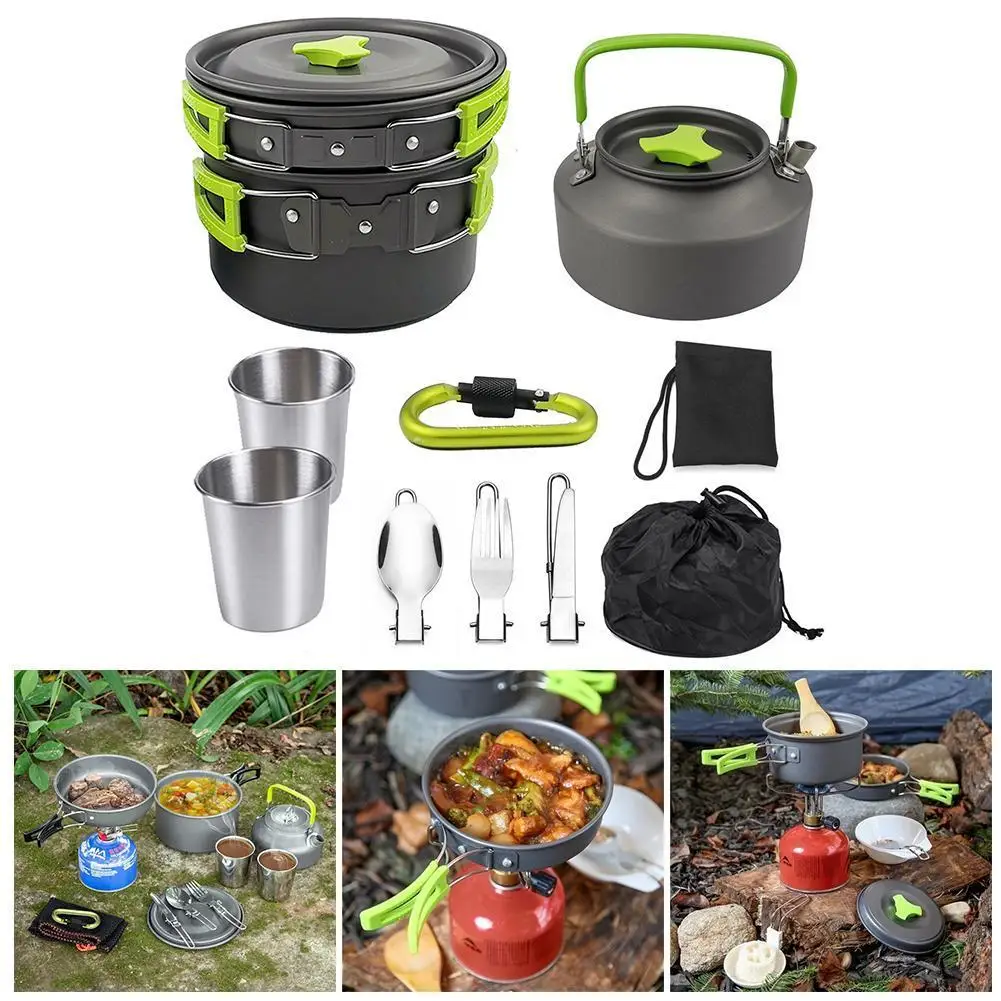 

Portable Cookware Camping Hiking Picnic Non-stick Stove Spoon Camping 2-3 Teapot Tableware Outdoor People Kettle Fork Set w J5E2