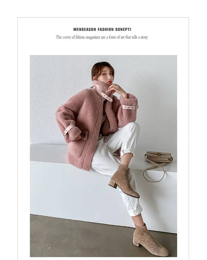 Heydress, Осень-зима, женское однотонное пальто из овчины с мехом ягненка, Женская куртка из зернистой овчины, Женская Повседневная теплая верхняя одежда
