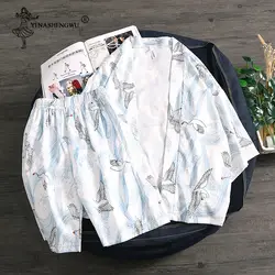 Yukata женское традиционное японское кимоно пара кимоно топ и брюки наборы кардиган мужские Блузы защитят от солнца пляжная свободная тонкая