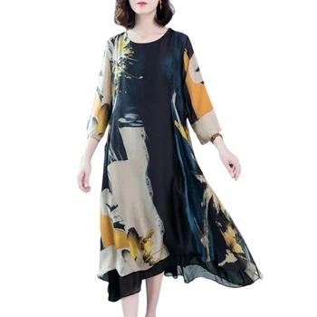 

Silk dress female summer new retro print Three Quarter dress large size M-4XL high quality elegant and comfortable vestidos