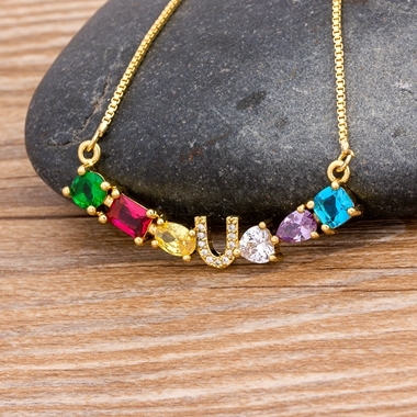 New Design Luxury Initial Alphabet A-Z Letters Charm Rainbow Pendant Necklace Copper Zirconia Choker Family Jewelry Gift