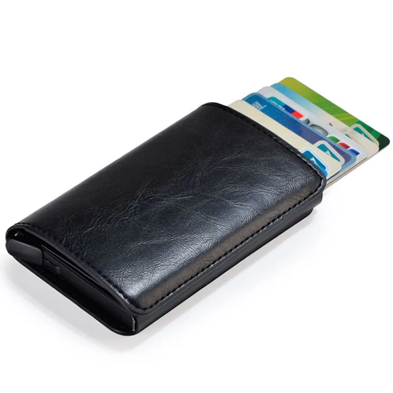 

2019 Metal RFID Credit Card Holder Foreign Trade Automatic Wallet Anti-Degaussing Anti-Theft Crazy Horse PU Leather Card id hold
