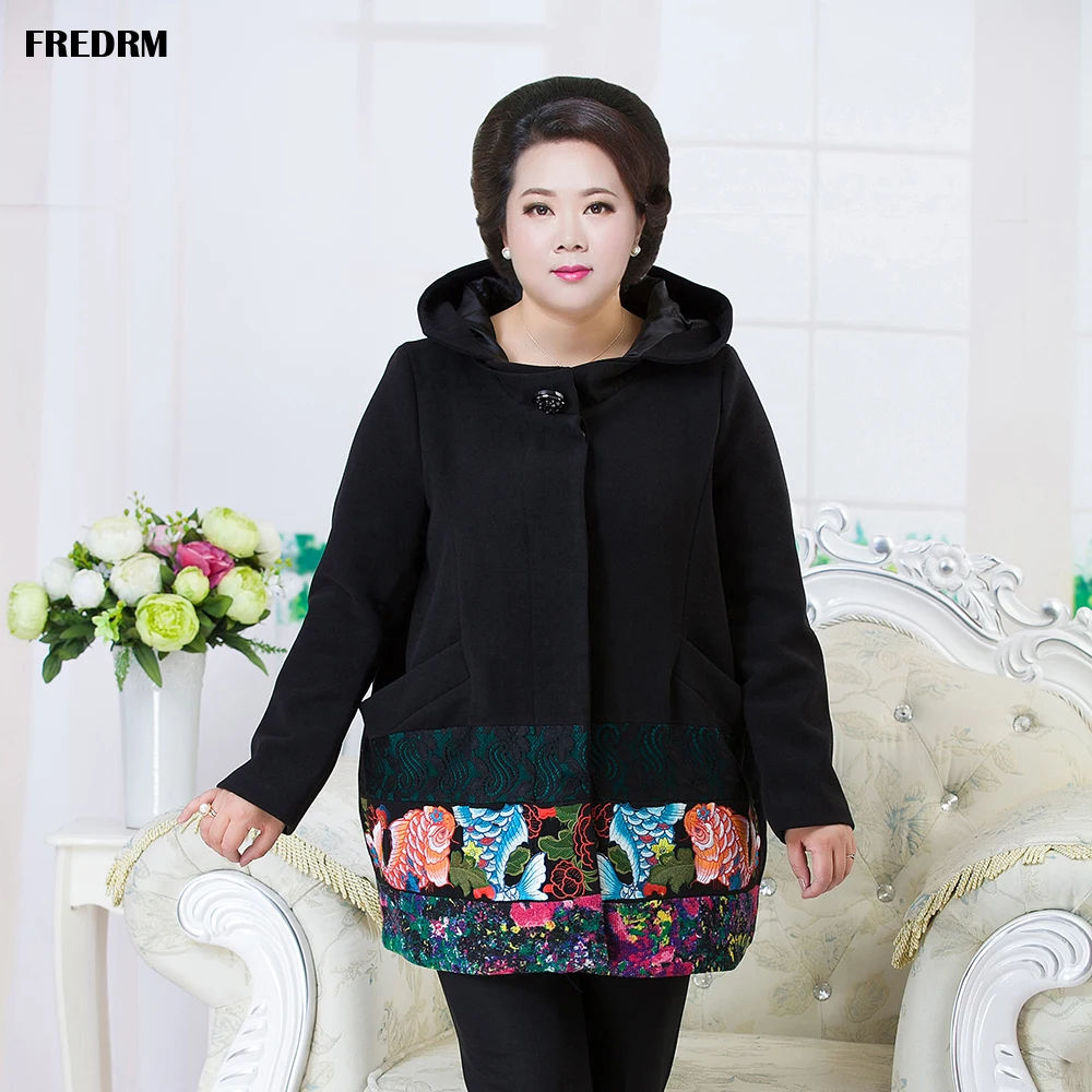 

Women Winter Trench Coats 2019 New Woolen Overcoats Hood Floral Print Coats Plus Over Size Euro 50 Female Middle-aged Outerwear