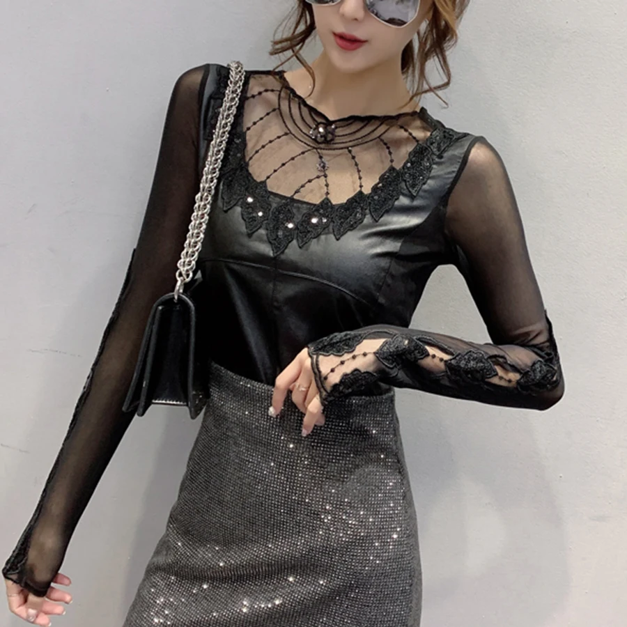 Blusas mujer de moda осенняя и зимняя новая Кружевная блуза Женская прошитая Сексуальная Облегающая рубашка размера плюс с длинным рукавом женская блуза