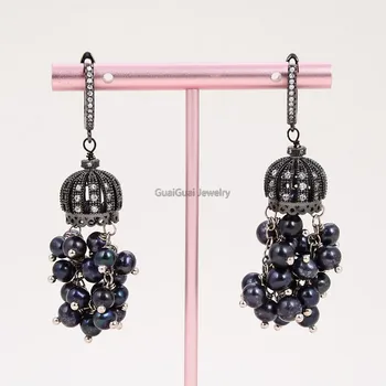 

GuaiGuai Jewelry 5-6MM Round Black Pearl Earrings CZ Leverback