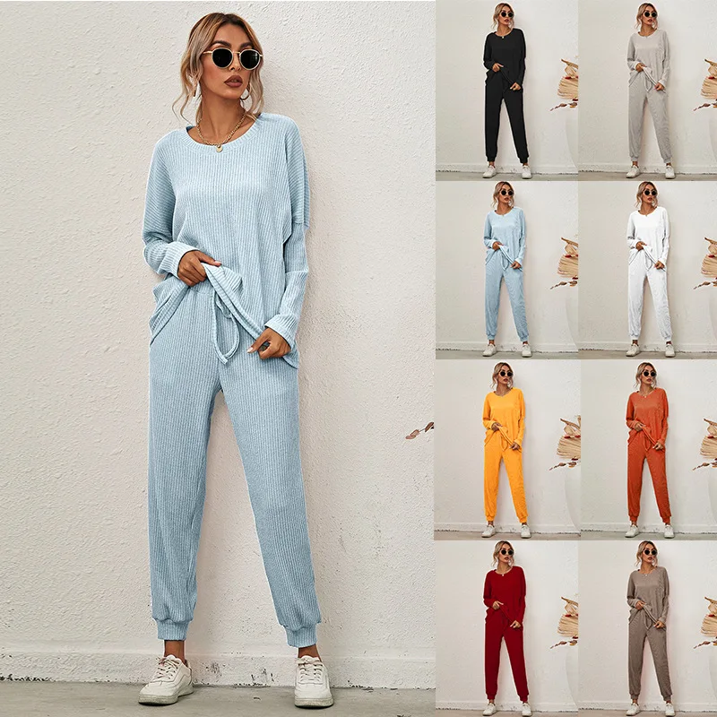 

Sportswear 2 Pieces Set Women Spring Autumn Fashion Solid Full Sleeve Tops Long Drawstring Pants Sets Home Sweatpants Outfits