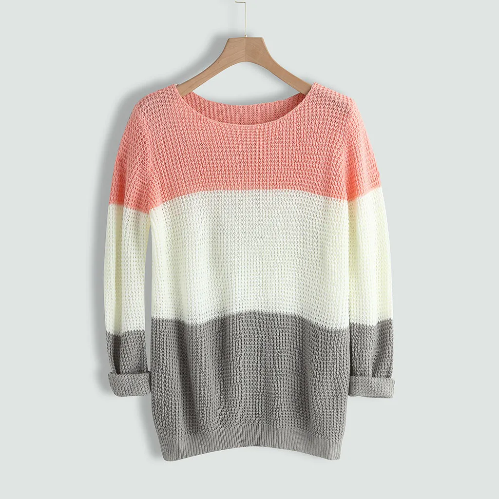 

Patchwork Women Knitted Sweater 2019 Autumn Long Sleeve Sweaters Female Casual Round Neck Loose Sweater