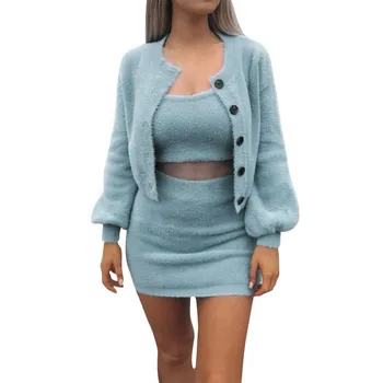 

3 Pcs Women's Sets Autumn Outfits Strap O Neck Camisole +Mini Hip Bag Skirt +Long Sleeve Cardigan Women Jackets Female Clothes