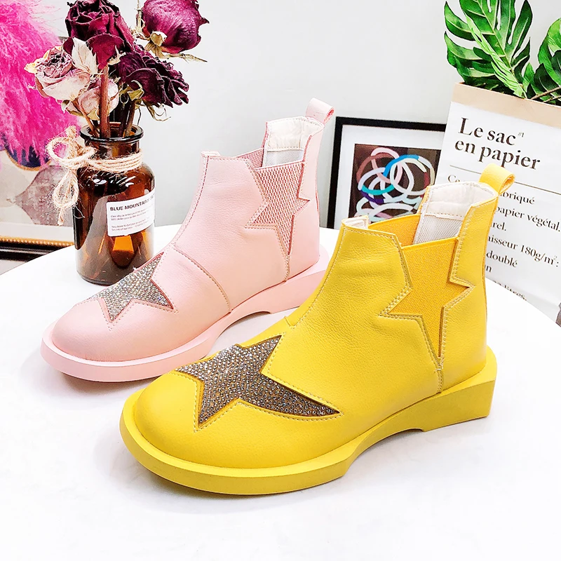 

Women's Ankle Boots Fashion Rhinestone Candy Color Girl Autumn Shoes 2019 Spring Woman Leather Ankle Boots Korean Style Shoes