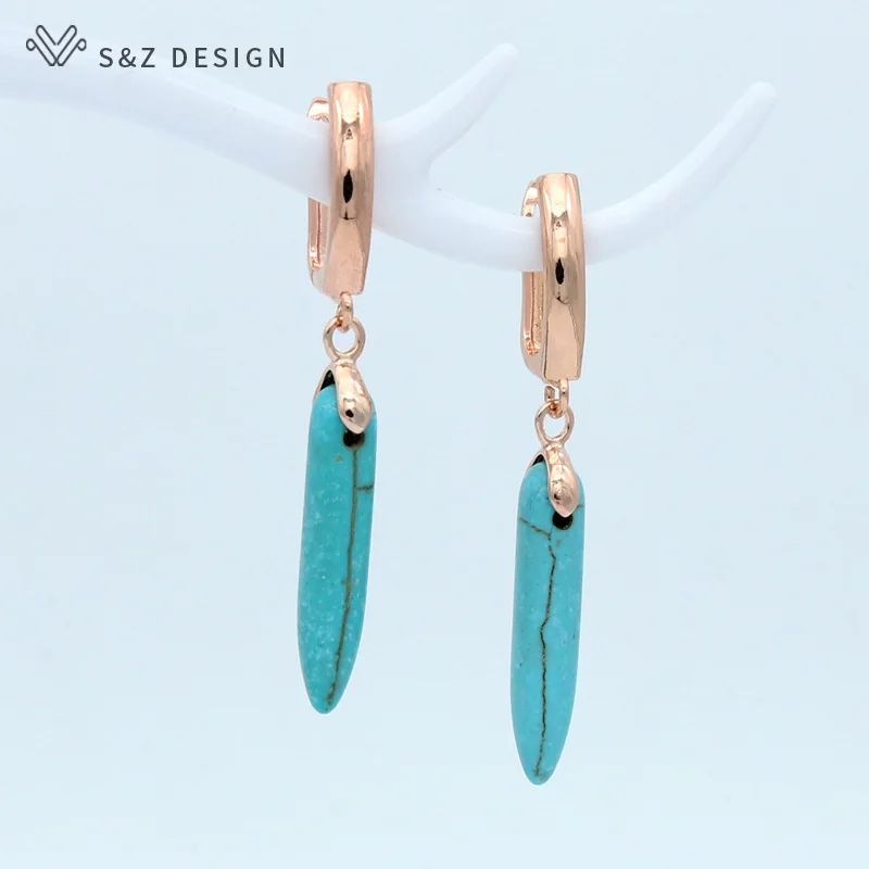 S&Z DESIGN New Fashion Vintage Synthetic Turquoises Dangle Earrings Jewelry Sets For Women 585 Rose Gold Color Party Necklace