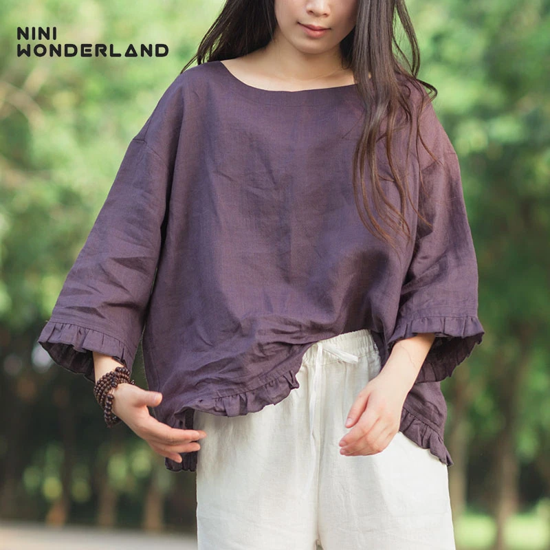 

NINI WONDERLAND 2019 Autumn Ramie T-shirt Women Solid Ruffles Tops Vintage Female Spring Big Size Casual Tshirts Plus Size Tops