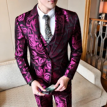 

(Jacket +vest+pant ) Rose Pink Smoking Grooms Men Business Tuxedos Slim Fit Club Party Prom Suit Abito Uomo Cerimonia
