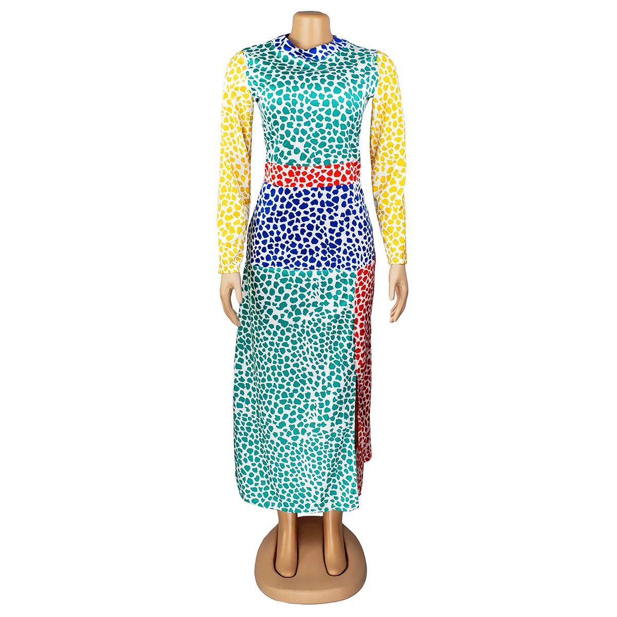 Модные Цветные леопардовые Макси Вечерние Клубные платья для женщин Элегантные Осенние платья с разрезом и длинным рукавом лоскутные платья