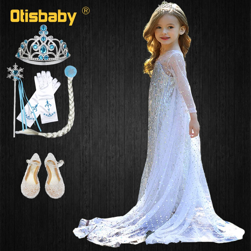 Snow Queen 2 White Girls Elsa Dress Christmas Halloween Anna Costume Child Birthday Party Silver Sequined Long Tail Dresses | Детская
