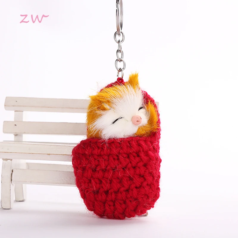 

Cute Sleeping Cat Pompom Keychains For Women Girls Handmade Woven Shoes Faux Rabbit Fur Kitten Key Chains Fluffy Car Key Rings