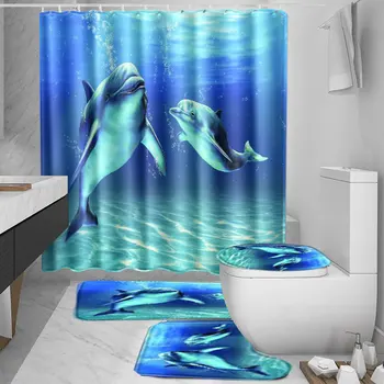 

New Dolphin Printed Pattern Shower Curtain Bathroom Mats Anti Slip Pedestal Rug Lid Toilet Cover Mat Bath Mat Set Bathroom Curta