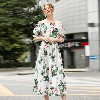 

High Quality 2020 Summer New Women'S Boho Party Casual Outing Vintage Elegant Chic Flower Print Stretch Off Shoulder Midi Dress